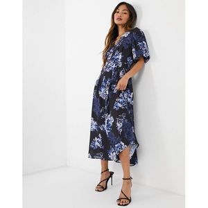 FRENCH CONNECTION | Caterina Crepe Floral Button Down Midi Dress Puff Sleeves